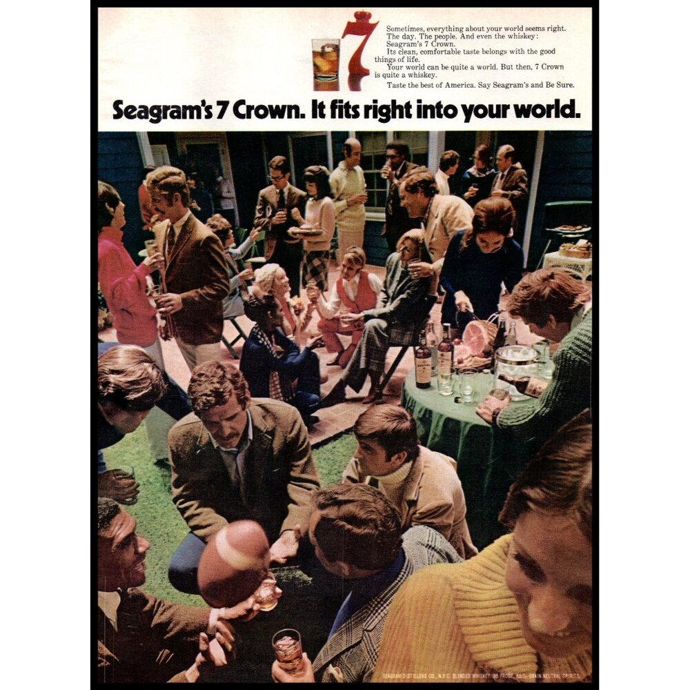 1971 Seagram's Seven 7 Crown Whisky Vintage Print Ad Football Party Wall Art